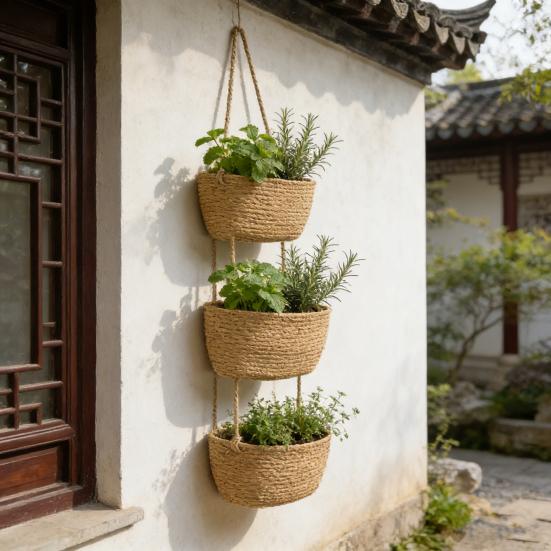 Rope Woven Storage Basket Boho Foldable Washable Hanging Baskets Multi-Tier Wall Mounted Organizer for Kitchen Produce Nursery Decor