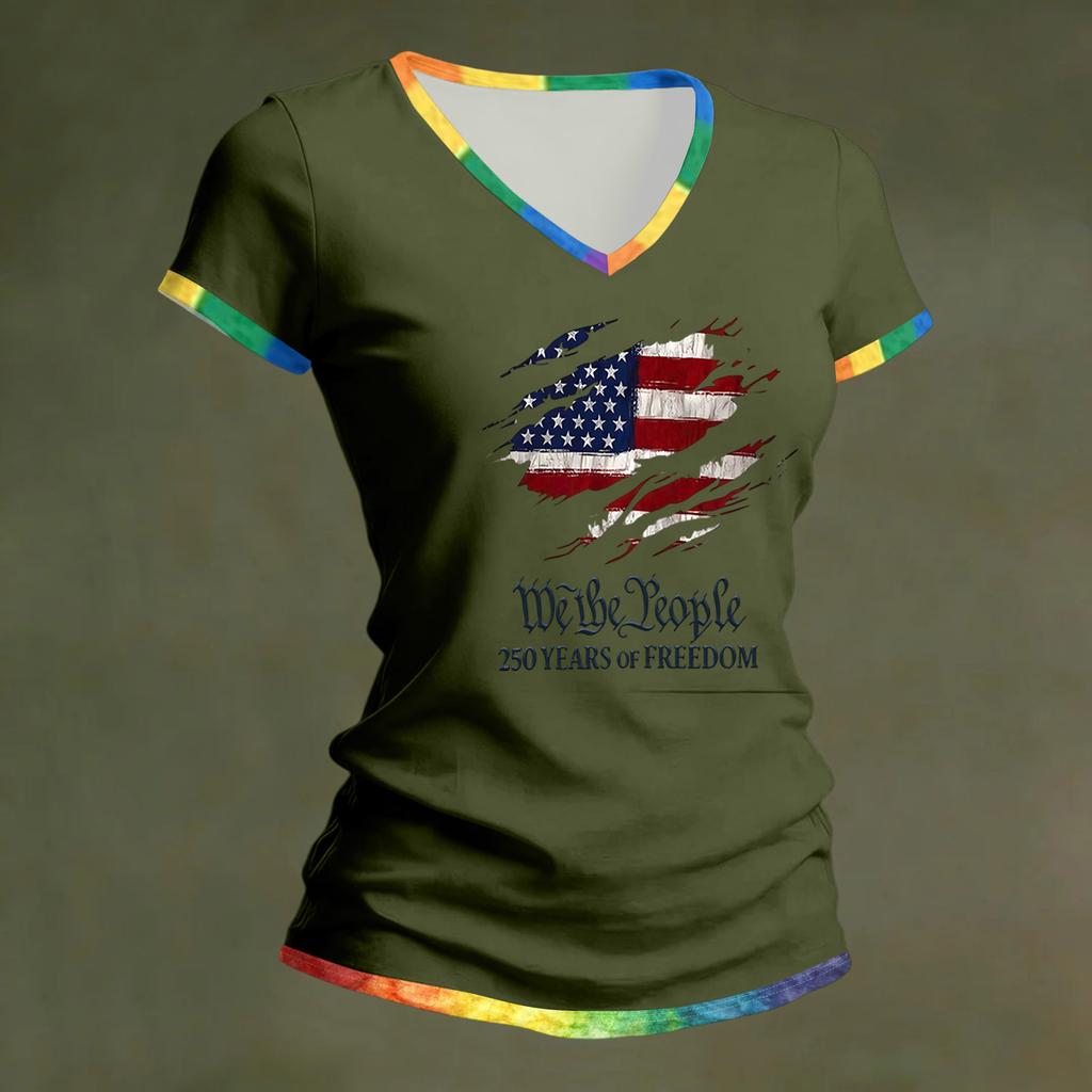 Women Casual Short Sleeve V Neck T Shirt 250th Independence Day Graphic Print Relaxed Fit Lightweight Top for Everyday Wear