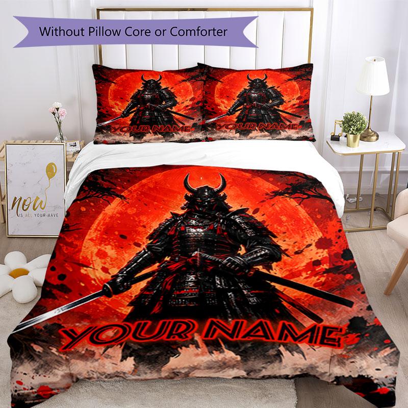 3PC Custom Name Samurai Moon Warrior Bedding Set Duvet Cover Closure Includes 1 Duvet Cover & 2 Pillowcases for Bedroom