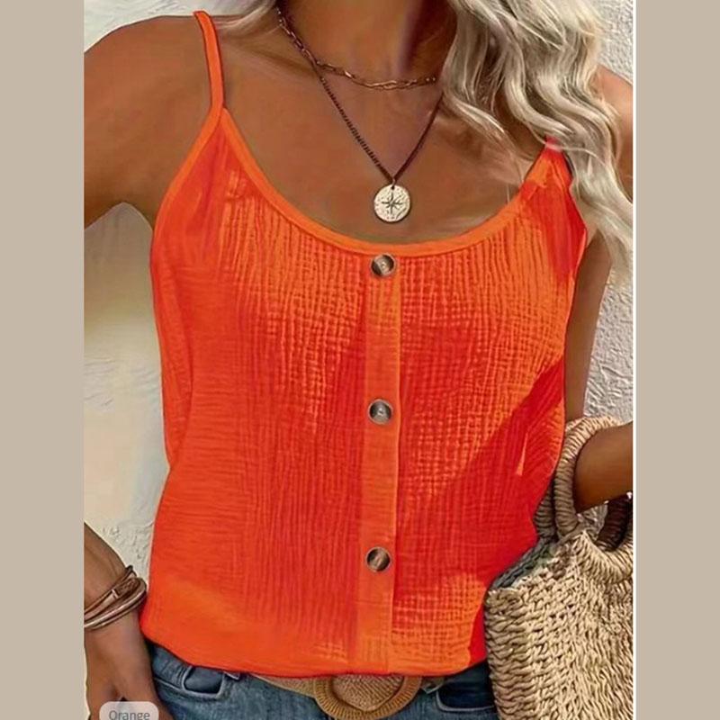 Women Button Front Spaghetti Strap Tank Top Casual Sleeveless Summer Solid Color Beach Cami Top