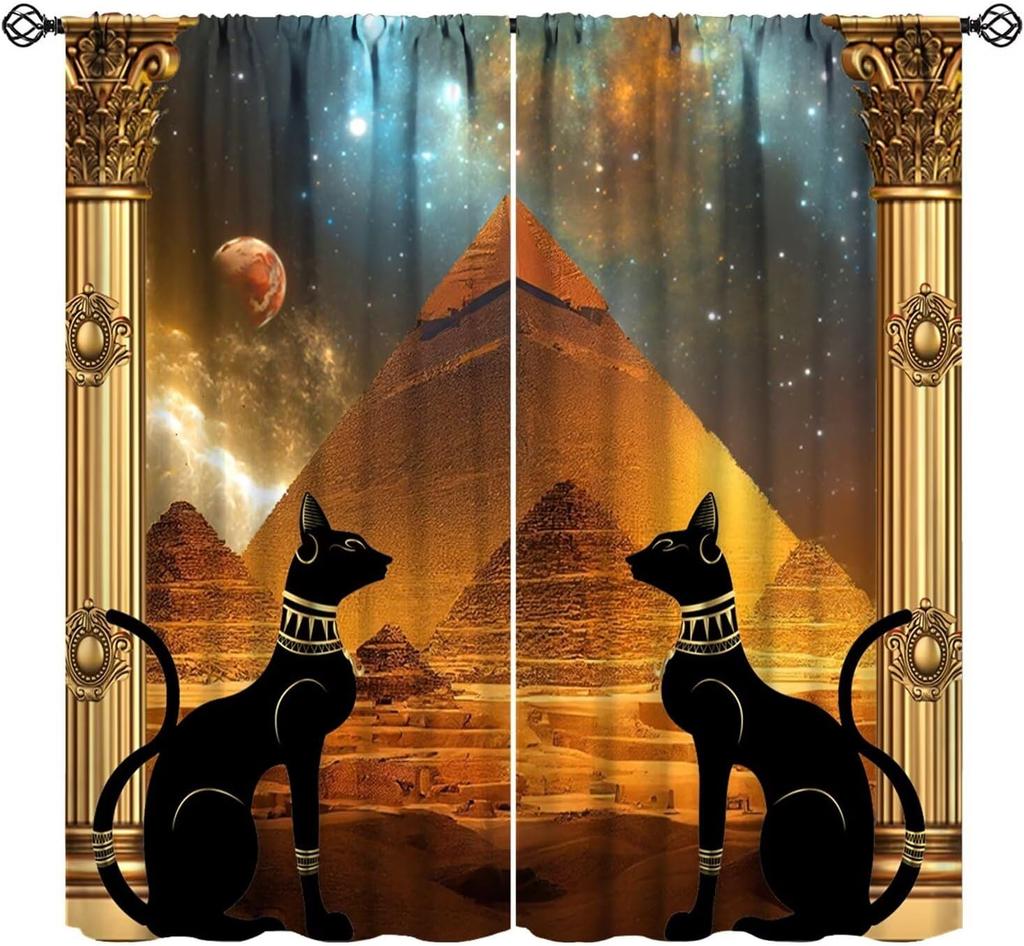Ancient Egyptian Curtains Eye Horus Golden Hieroglyphs Print Window Treatments Living Curtain Vintage Made Of Polyester Washable
