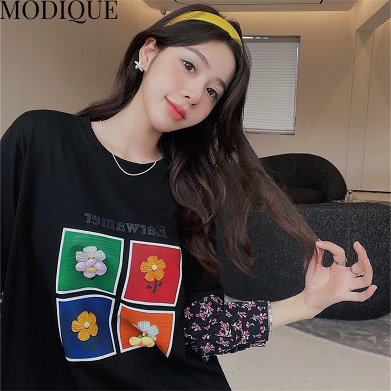 MODIQUE Jesień Plus Size Nowe Długie Sukienki Kobiety Luźne Sukienki w Słodki Nadruk Kwiatowy Kobieta Podstawowe Casual Długi Rękaw Szyty O-Neck Spódnica