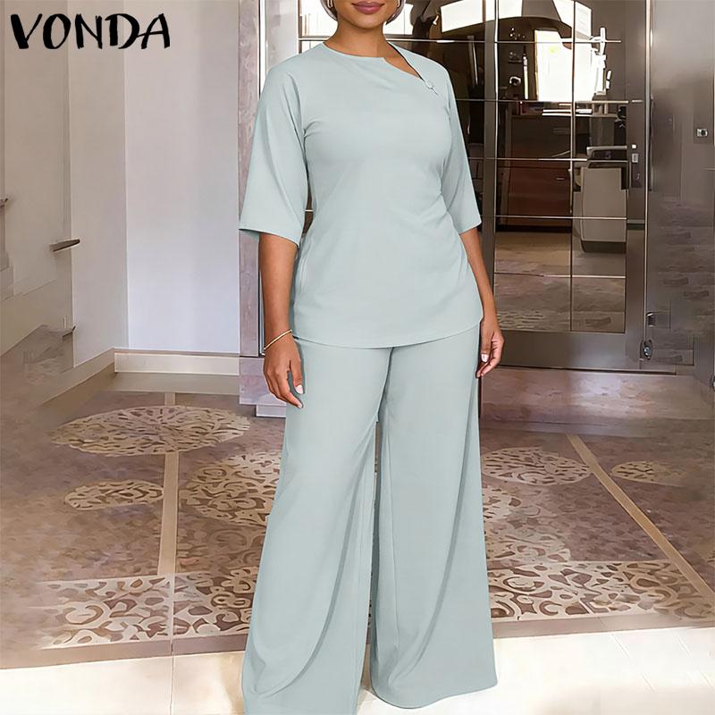 VONDA 2PCS Women 3/4 Sleeve Blouse and Pants Casual Elegant Two Piece Suit Sets