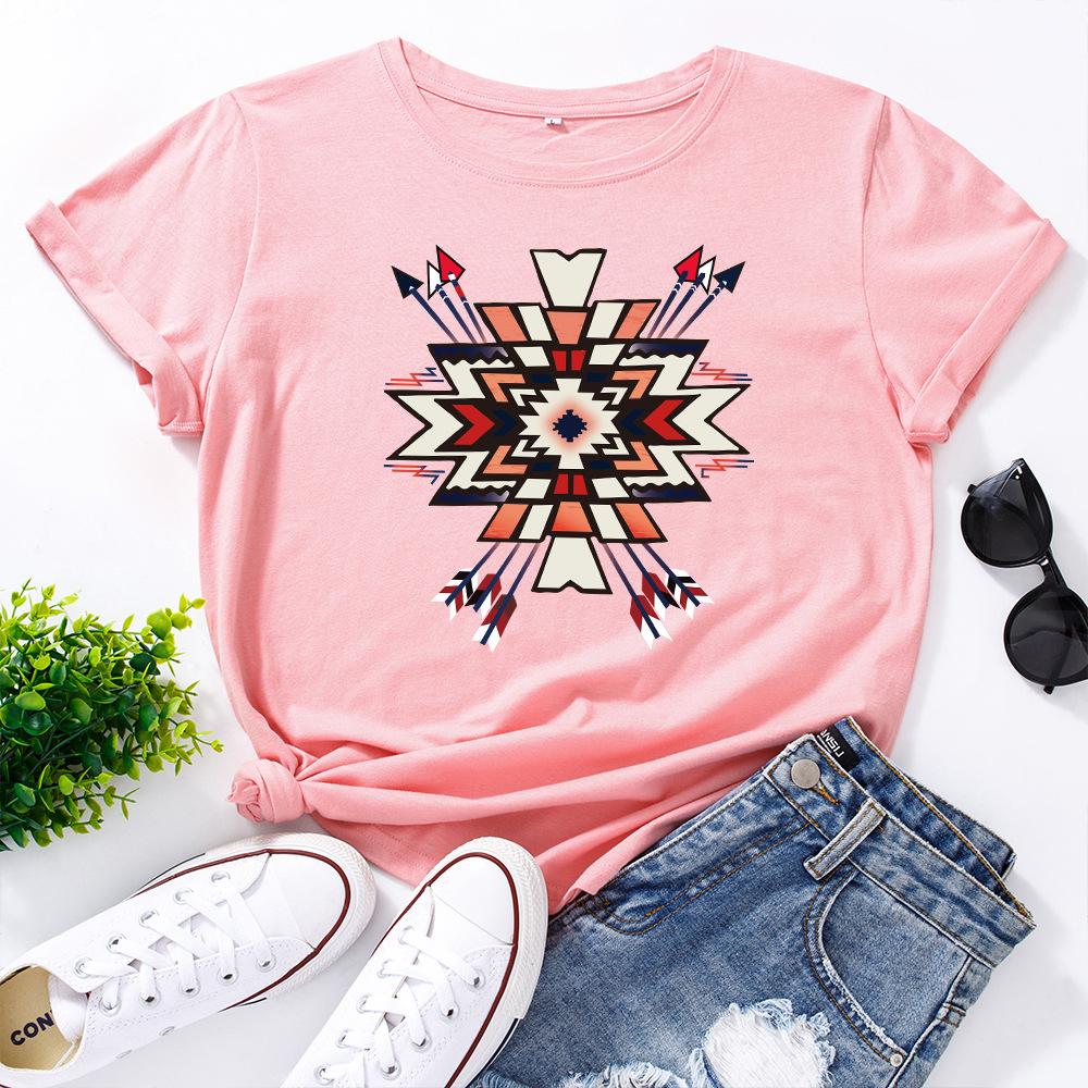 

Geometric Pattern Printed Cotton Loose Round Neck Short Sleeved T-shirt Women s T-shirts 3XL
