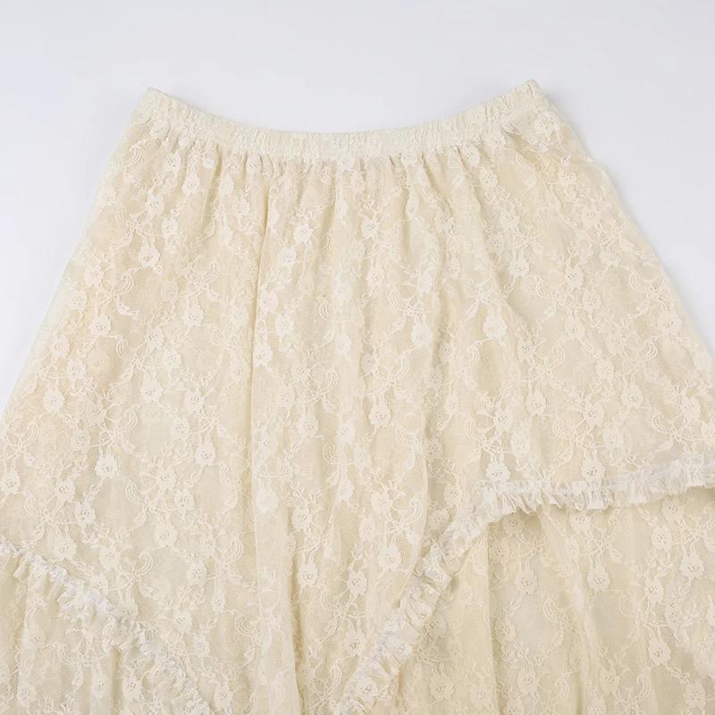 2024 Spring Lace Asymmetrical Skirt Fairycore Holiday Women Y2K Clothes High Waist Fashion Cute Mid Skirts Retro Aesthetic Lady