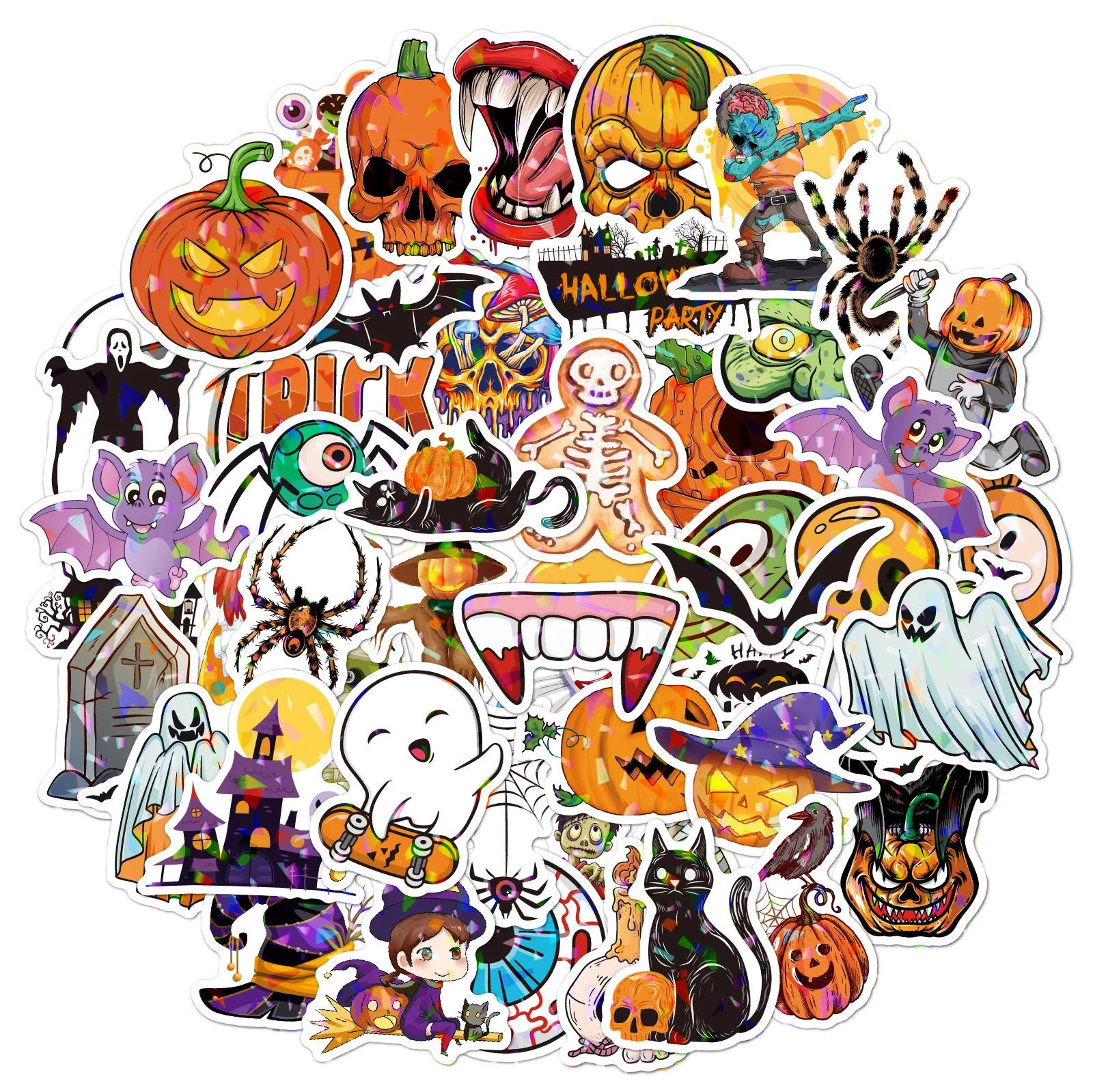 

2026 50pcs Laser Flash Halloween Stickers Holographic Vinyl Trunk Mug Cup Sticker Waterproof Removable Sticker Halloween Decor 50pcs