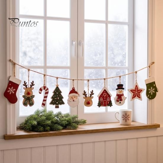 Holiday Party Wall Decor Vintage Christmas Hanging Bunting Garland, 2D Flat Wooden Snowman Elk Stocking Festive Window Showcase Ornaments Tree
