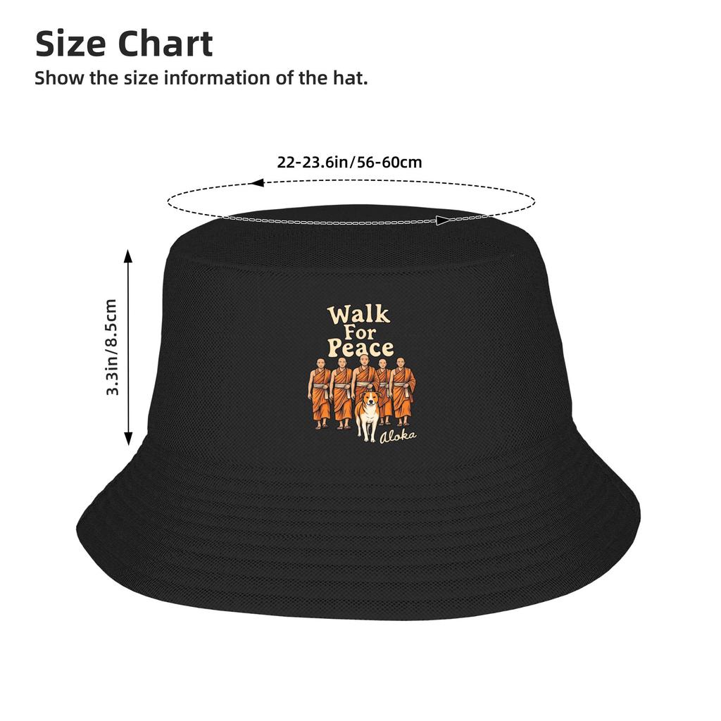 Walking Spiritual Monk Aloka Dog Walk For Peace Bucket Hat For Men Women Fisherman Hats Korean Vacation Caps Pattern Sun Hats