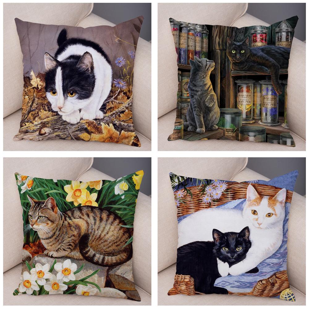 Pet Cartoon Animal Pillowcase Sofa Home Car Pillowcase Cute Watercolor Cat Cushion Cover Decoration