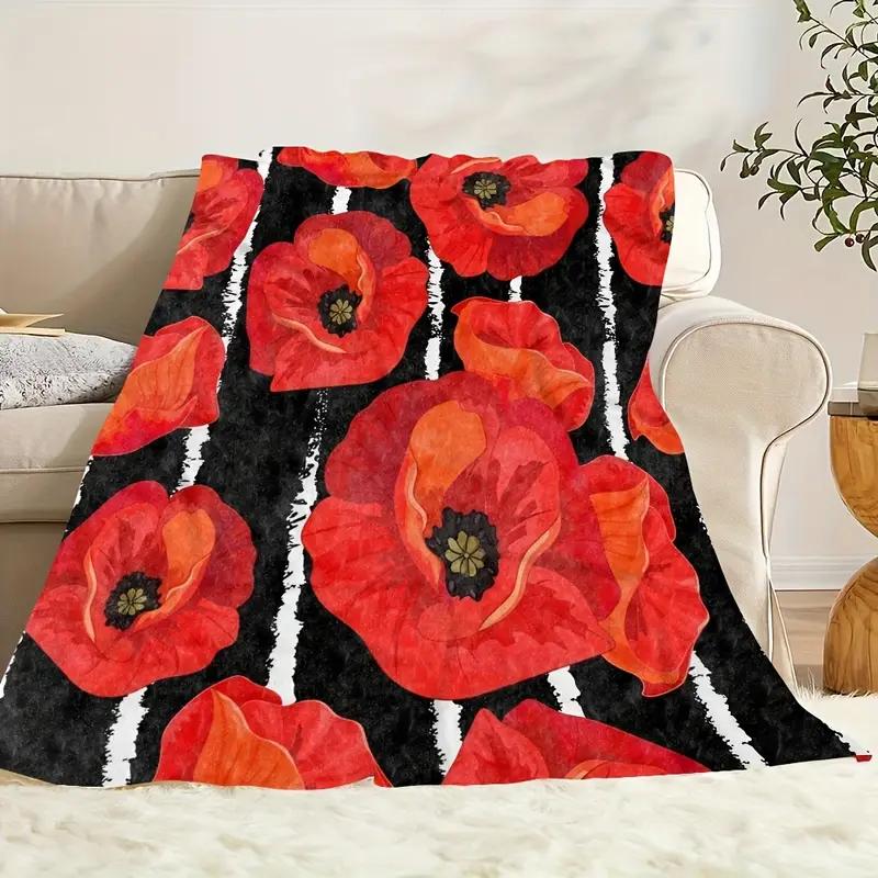 Red Poppy Flower Print Flannel Blanket - for Sofa, Travel, Bed, Camping, Office, Decoration, Comfort and Warmth - Christmas