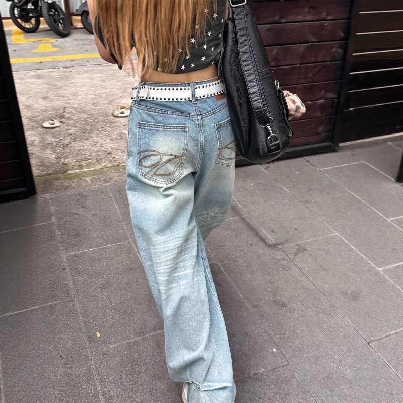 2026 Women s High Waist Retro Embroidered Wide-Leg Jeans L