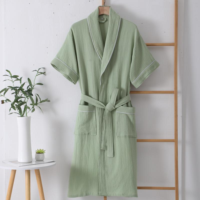 Summer Thin Cotton Bathrobe Double Layer Gauze Short Sleeve Nightgown for Men and Women Absorbing and Quick Drying Bathrobe