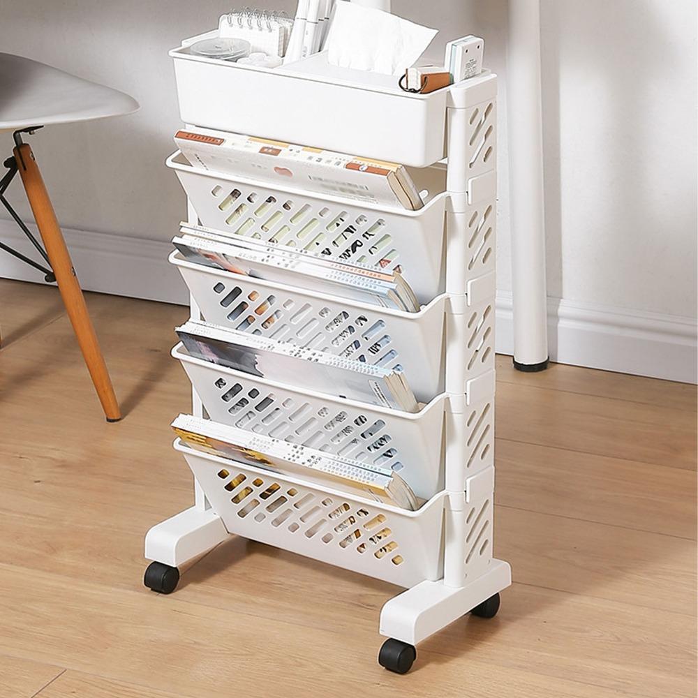Plastic Rolling Bookshelf Removable Storage Cart Durable Mobile Bookcase Space Saving