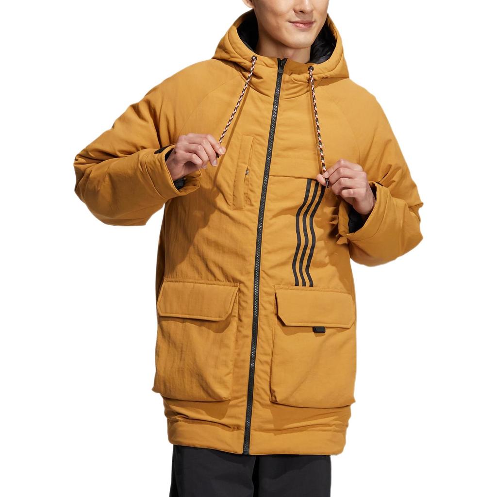Adidas Neo Solid Color Logo Print Three-Stripe Hooded Down Jacket Unisex Outerwear Brown HN4761