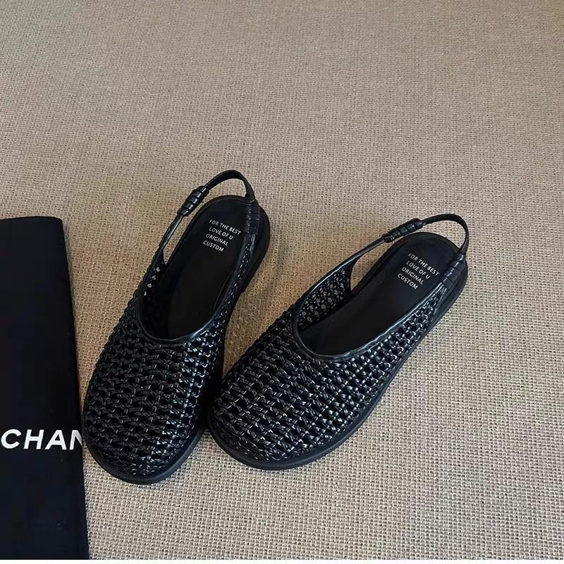 Spot Version~ Summer New French Round Head Hollow Woven Sandals with Breathable and Comfortable Shallow Mouth Single Shoes Women