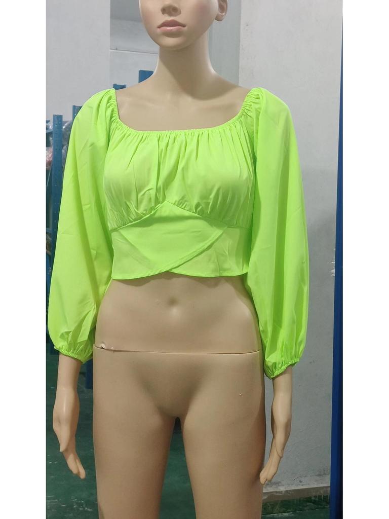European & American Women's Off-the-Shoulder Lantern Sleeve Crop Top with Lace-Up Design