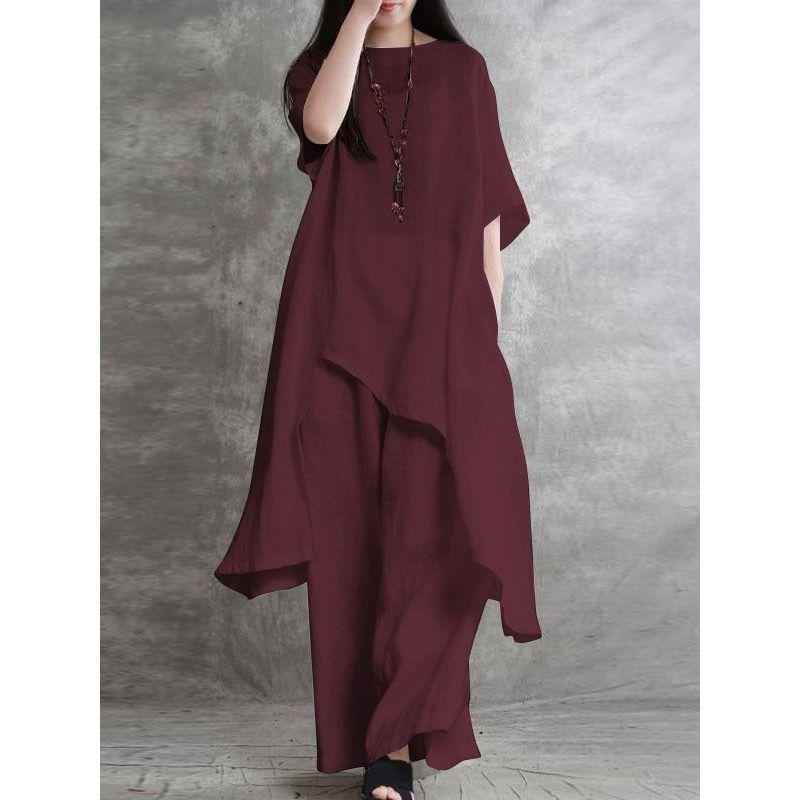 Loose Solid-Colored Top and Trousers Loose Solid Top Pants Two-piece Set