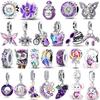 925 Sterling Silver Purple Bead Flower Butterfly Dangle Charm Fit 4MM Hole Diameter Bracelet Necklace 925 Jewelry Gift Making