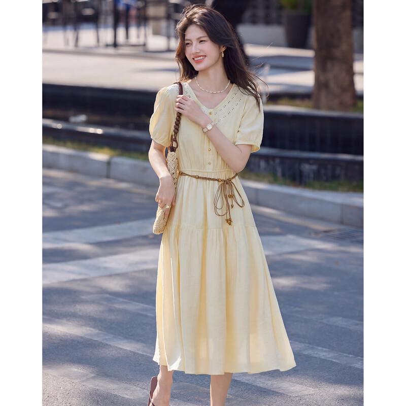 Women's Summer V-Neck A-Line Short Sleeve Tie-Waist Dress