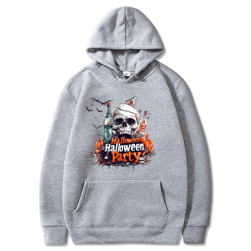 Fall/Winter Halloween Fleece Hoodie Skull Print Fashion Street Hoodie Men's and Women's Daily Long Sleeve Warm Hoodie