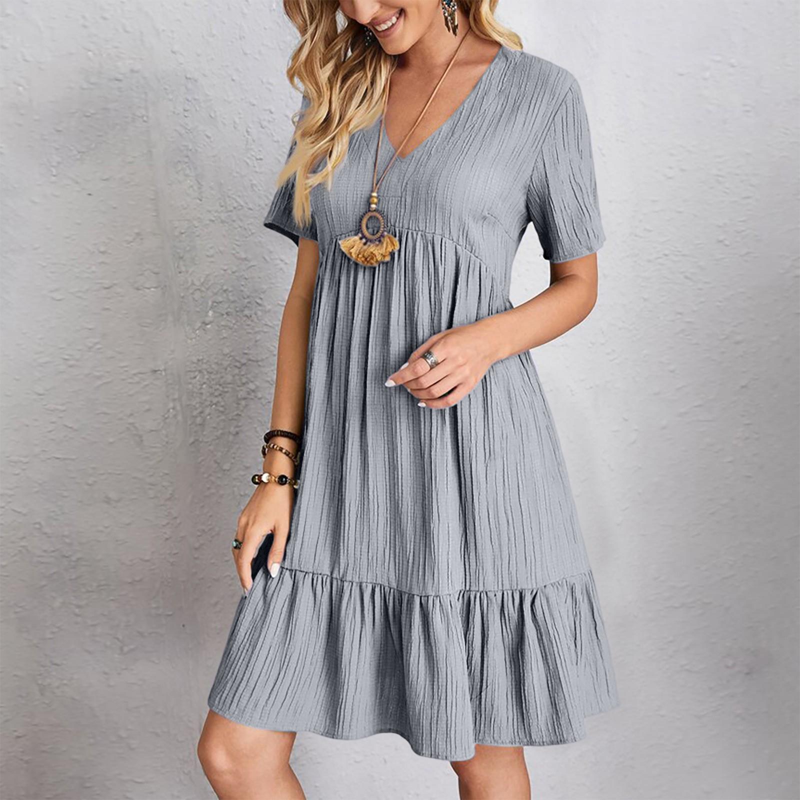 Women s  Color Casual Fashion V-neck Short Sleeved Dress XXL