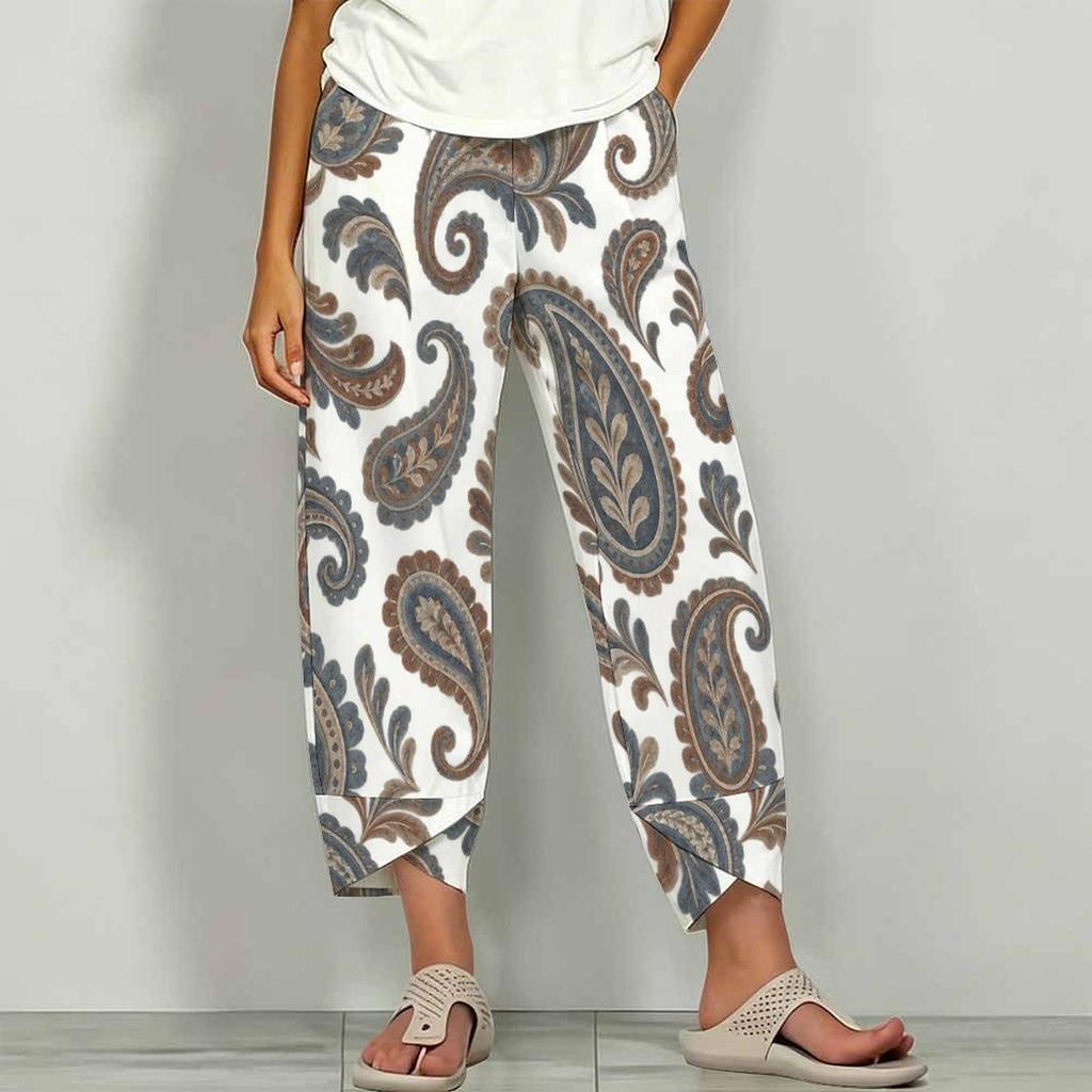Women Plus Size Floral Printed Loose Cross Hem Cropped Pants