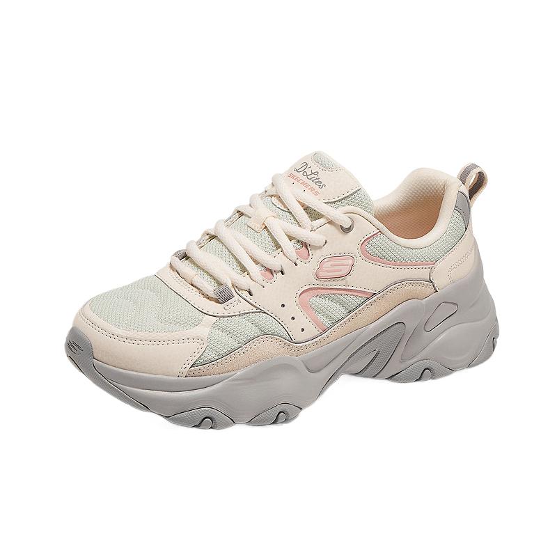 Skechers DLites Mesh Wildleder Synthetikleder Color Block Schnürung Atmungsaktiv Low-Top Dad Sneaker Damensneaker 150830-LGPK
