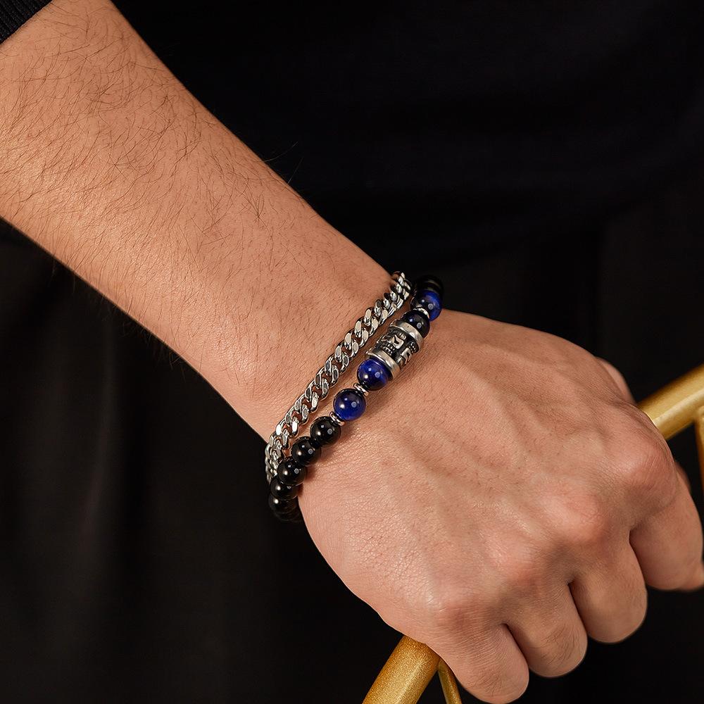 Men s Punk Style Stainless Steel Hip Hop Link Bracelet Fashionable Tiger Eye Stone Beaded Bracelet Hip Hop Fashionable Beaded 21cm&Bracelet чёрный