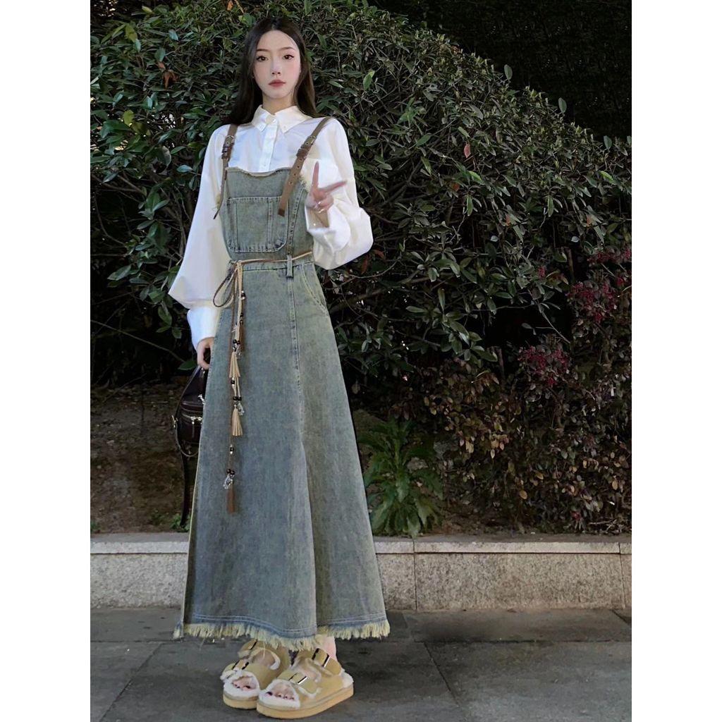 Denim Overall Dress For Women Summer Water Wash Slim Fit With Waist Tie For Casual And Travel