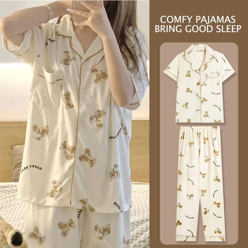 Pajamas Women'S Two-Piece Set Cute Cartoon Bear Cotton Short-Sleeved Trousers Fashionable Versatile Loungewear Can Be Worn Outside