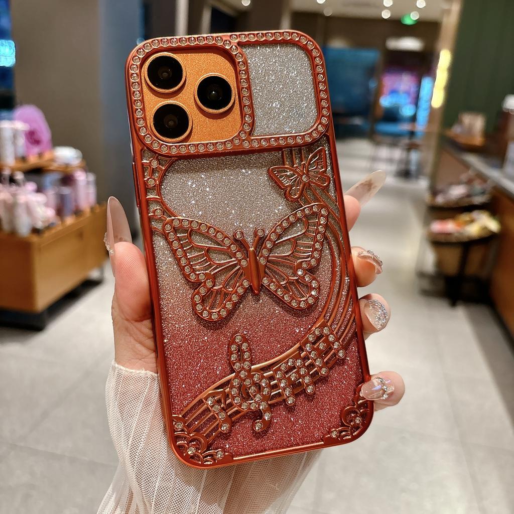 Popular Gradual Change Glitter Butterfly Mobile Phone Case for iPhone17Promax Hollow Apple 17 Protective Case