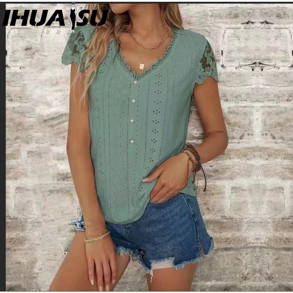 IHUASU Women's Fashion Casual Solid Color Print Short Sleeve V Neck Blouses & Shirts