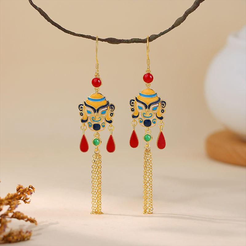 Sanxingdui-Inspired Tassel Earrings with Blessing God Official Design