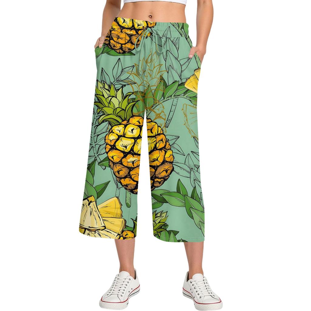 Damen Sommer Hohe Taille Bedruckte Freizeit-Sportbekleidung Lässige Cropped-Hose Weite Hose