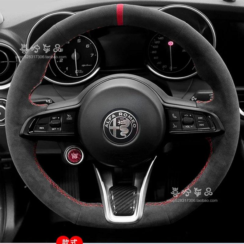LUBTW1 Hand-Stitched genuine leather suede car Steering Wheel Cover For Alfa Romeo Stelvio Giulia 2020-2022 car Interior accessories