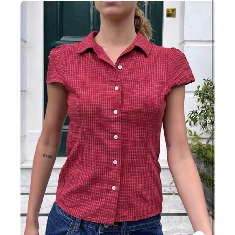 Summer New Fashion Women's Lapel Striped Short-sleeved Shirt Waist Top