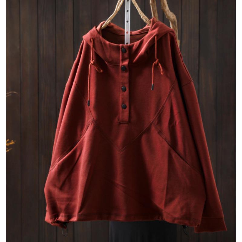 Düğmeli, İpli, Kontrast Dikişli ve Bol Uzun Kollu Kadın Retro Şık Kapüşonlu Sweatshirt