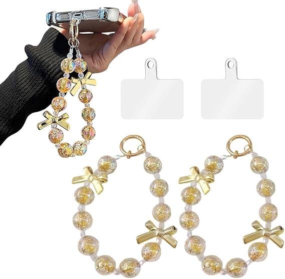 Sparkling Acrylic Beaded Bow Phone Wrist Strap Lanyard Keychain Wristlet Chain Short Women Droplet Crystals Handbag Use