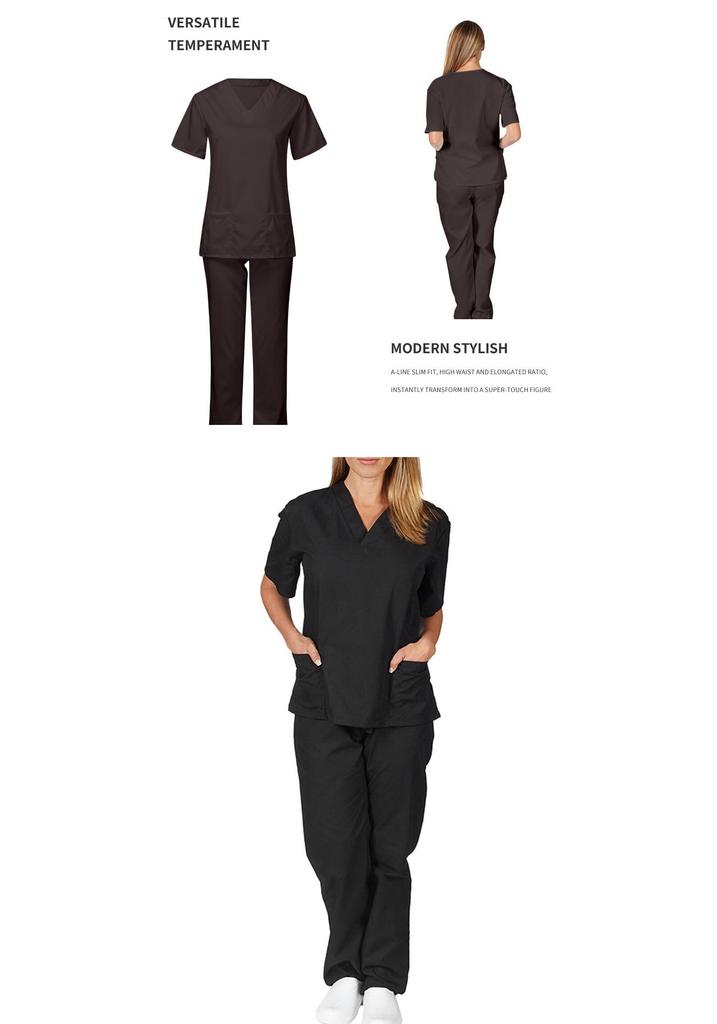 Einfarbige V-Ausschnitt Stilluniform für Damen mit Taschen