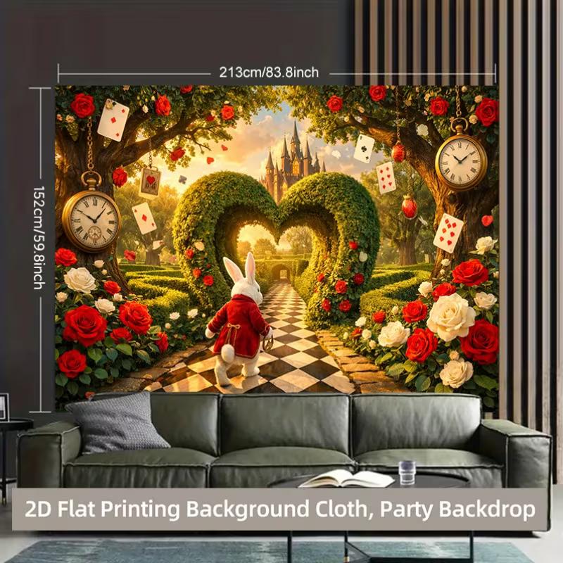 Sfondo 2D Fantasioso Paese delle Meraviglie Coniglio con Castello, Carte & Rose Rosse per Studio & Decorazioni per la Casa
