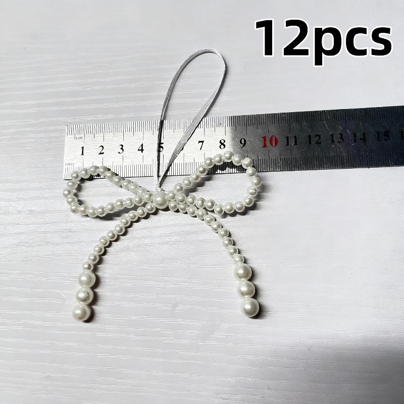 2/12Pcs Hand Woven Pearl Bow Christmas Ornament - Fringe Pendant Tree Decor, Holiday Party Girls Room Festive Decor Supplies