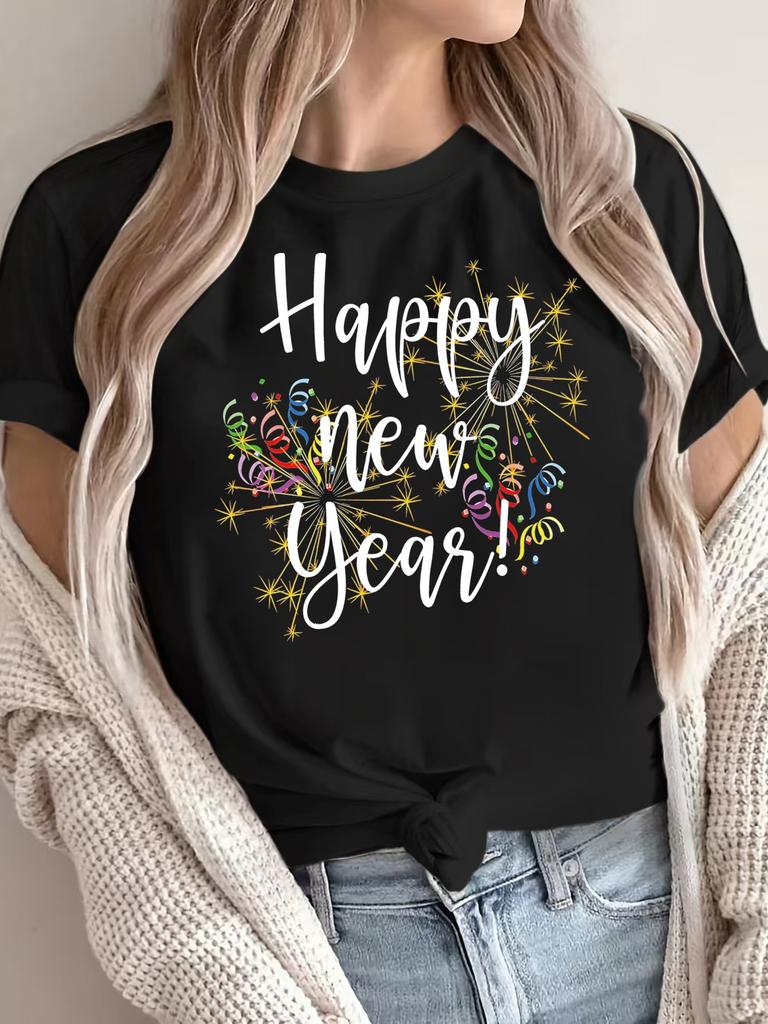 WomenS Festive Happy New Year Letter Print TShirt Sleeve Crew Neck Casual Regular Tee for Spring Summer Aesthetic Clothes
