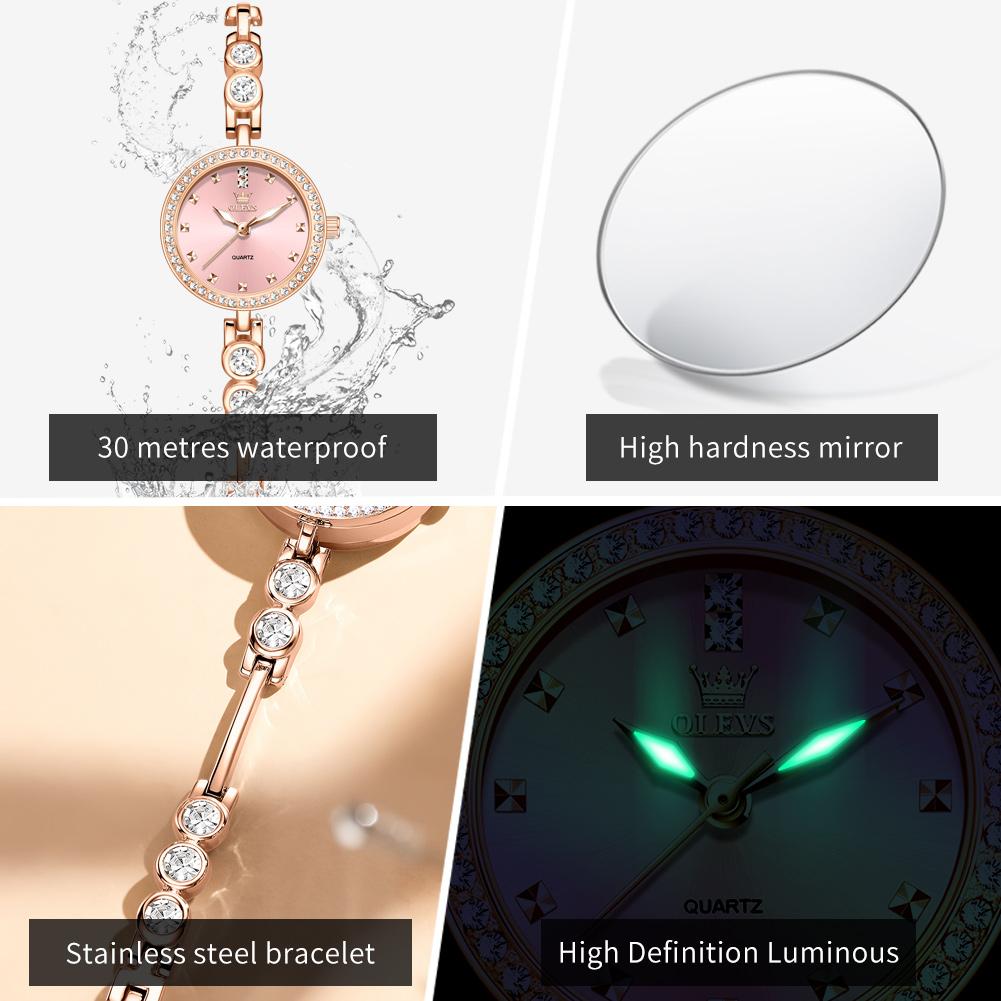OLEVS Watch for Women Fashion Elegant Female Quartz Rose Gold Wristwatch 3ATM Waterproof Rhinestone Bracelet Ladies Clock