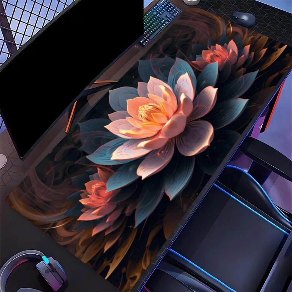 Neon Glowing Lotus Large Extended Gaming Mouse Pad Non Slip Desk Mat Dark Background Colorful Floral Art Keyboard Desk Mat