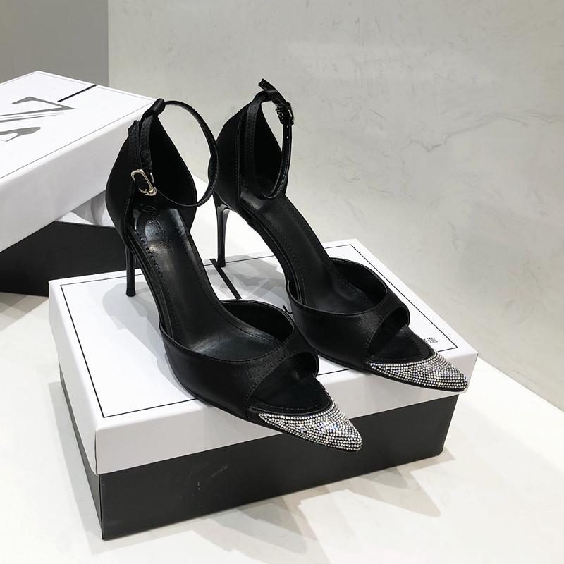 Fashion Sexy Pointy Stiletto Sandals Women'S New Rhinrhinous Hollow Sexy Open Toe Satin High Heels Women