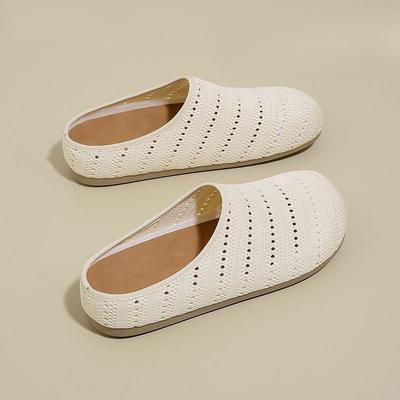 Knitted Breathable Shoes Half-slippers for Women Flat-bottomed Boken Flip-flops and Flip-flops with Toe Caps