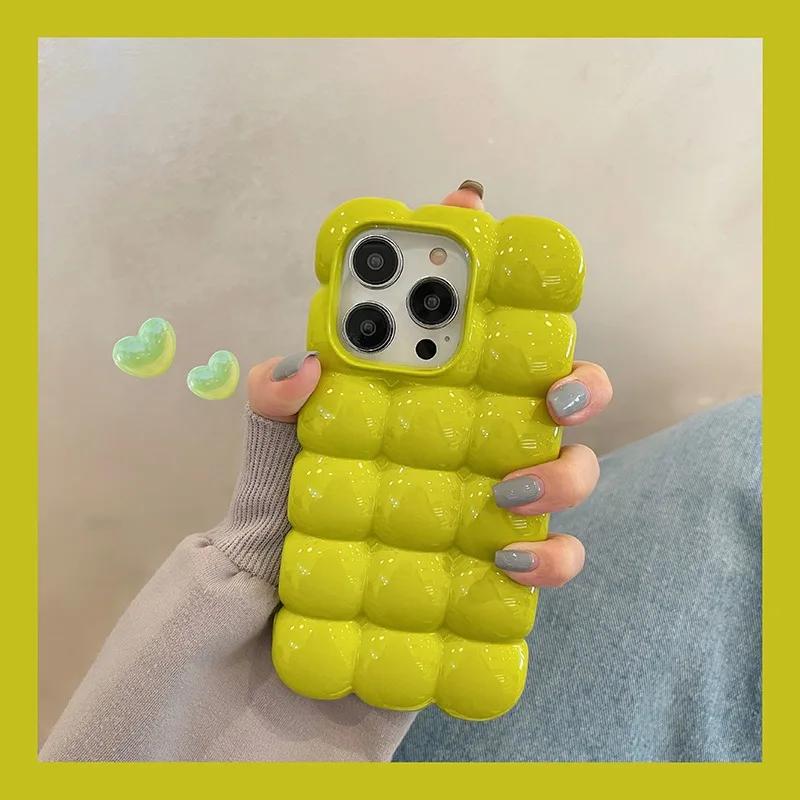 Cute Cartoon 3D Block Lattice Case for iPhone 15 14 13 16 Pro Max 12 11 Glossy Candy Solid Color Soft Silicone Shockproof Cover