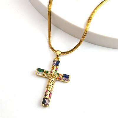 Fashion Zircon Jesus Cross Pendant Necklace for Women Men Gold Plated Shiny Crucifix Colorful Crystal Necklaces Jewelry NGG42