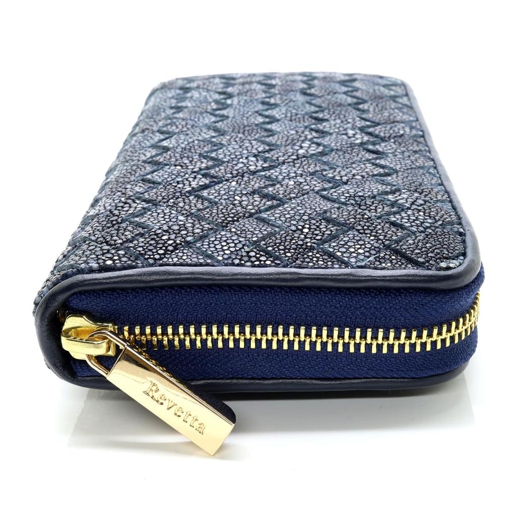 [Revetta] Stingray Leather Intrecciato Long Wallet, Galuchat, Stingray, Navy, Men's & Women's, Round Zipper, Genuine Leather [241stw]