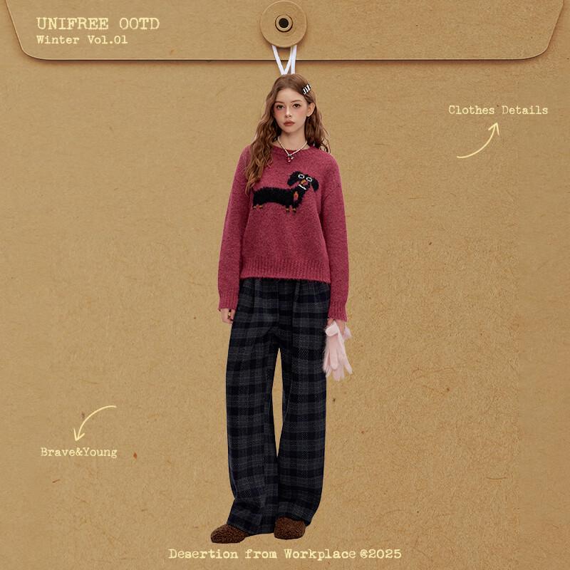 UNIFREE Women's Plaid Fleece-Lined Wide-Leg Trousers